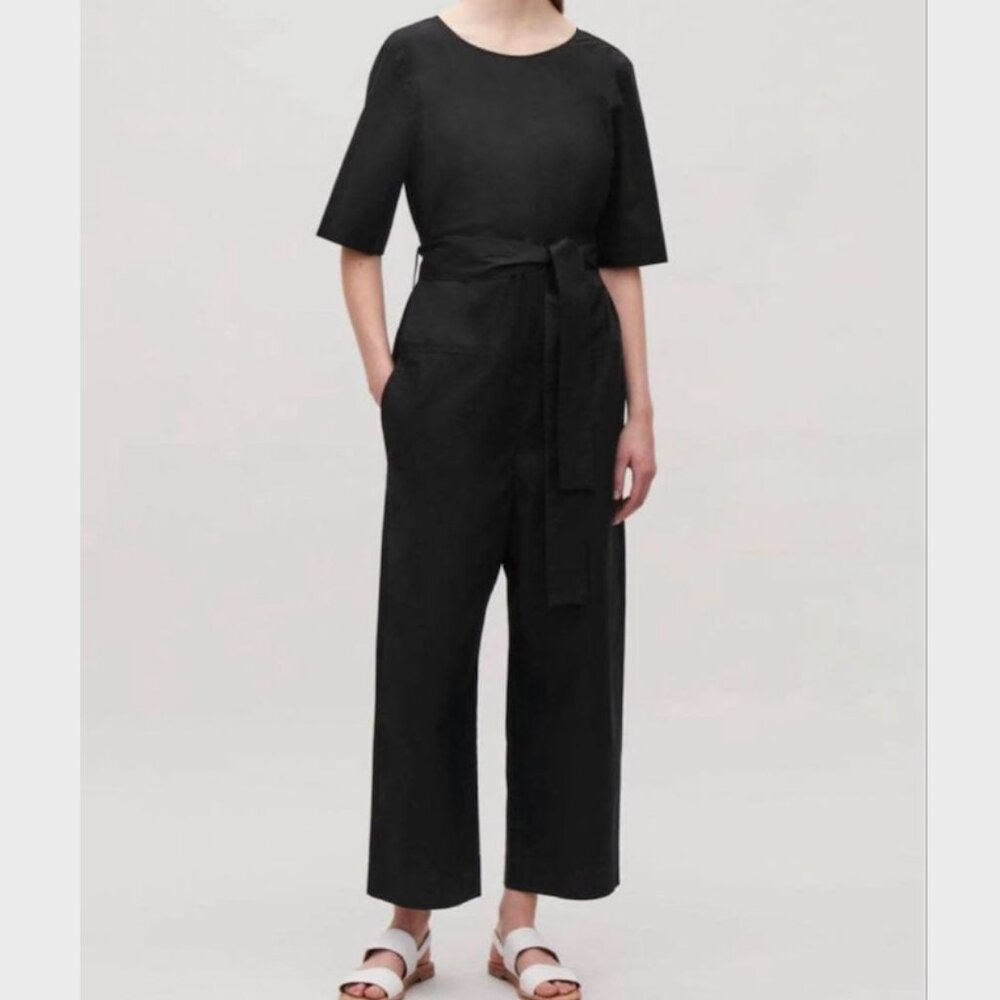 COS Short-sleeve Poplin Wide-Leg Jumpsuit, Black, Size 2